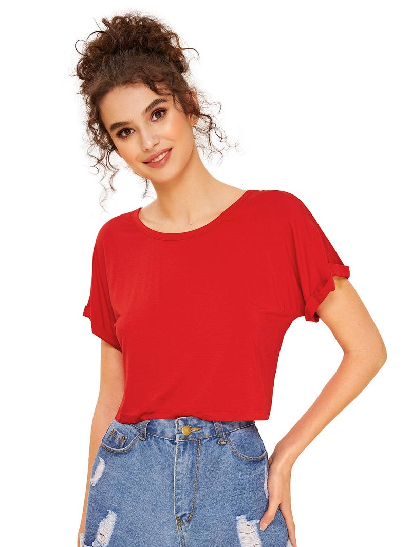 SweatyRocks Women's Casual Round Neck Short Sleeve Soild Basic Crop Top T-Shirt Red Large - Image 3
